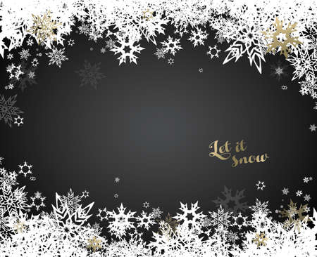 Christmas dark background with white and golden snowflakes.のイラスト素材