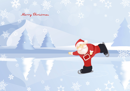 Winter mountain landscape scenery with Santa Claus and Merry Christmas text with pine trees.のイラスト素材