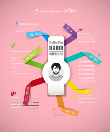 Creative cv template with folded paper stripes on pink background.のイラスト素材