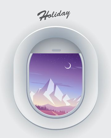 Mountain scenery view from airplane window with moon.のイラスト素材