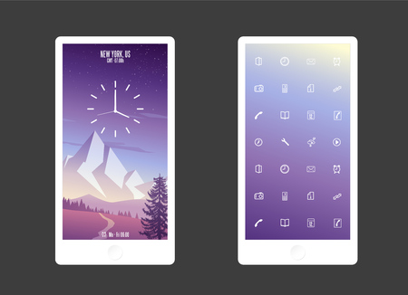 Abstract colored background with mountain and app icons. Mobile phone backgroundのイラスト素材