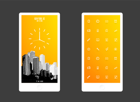 Abstract colored background with skyscrapers and app icons. Mobile phone backgroundのイラスト素材