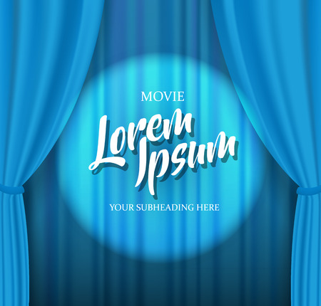 Theater stage template with blue heavy curtain and golden text.のイラスト素材
