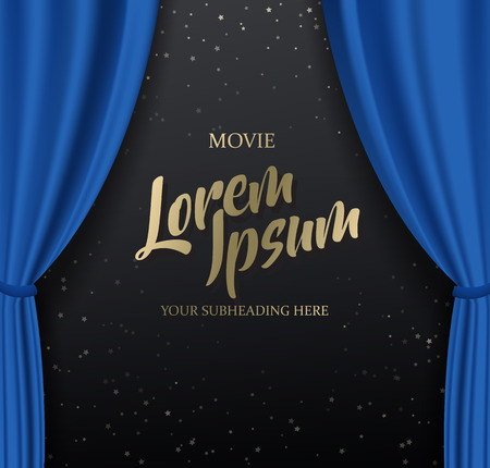 Teathre stage with blue heavy curtain with golden text and stars.のイラスト素材