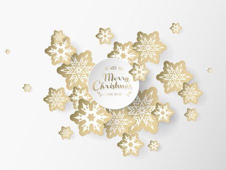 Christmas light background with white and golden snowflakes.のイラスト素材