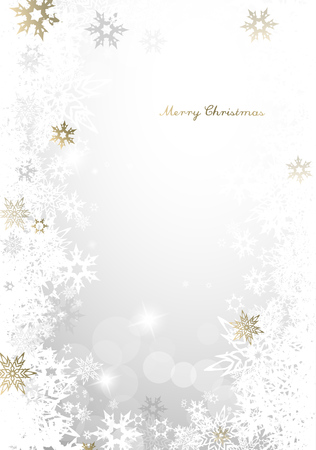 Christmas light background with golden and white snowflakes and Merry Christmas text - light versionのイラスト素材