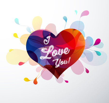 Abstract heart with colorful shapes and hand written I love you text.のイラスト素材