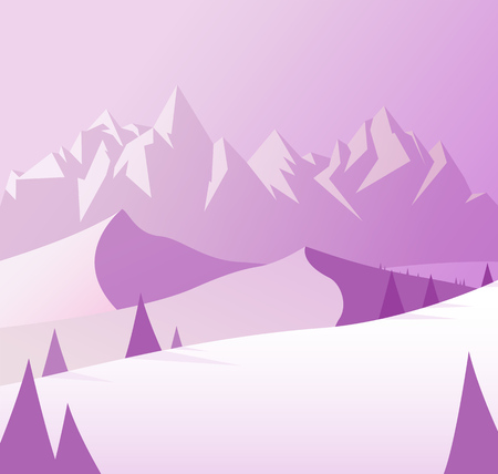 Winter mountain scenery with pine trees and snowy hills.のイラスト素材