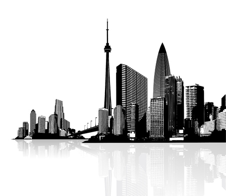 Black and white panorama of cityscapes with bridge between them.のイラスト素材
