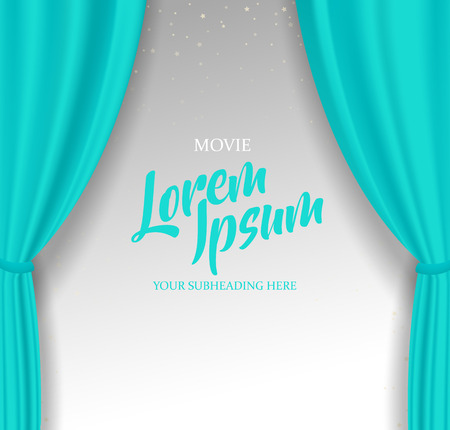 Theatre stage with turquoise heavy curtain with text and stars at the background.のイラスト素材