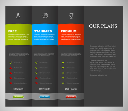 Website product pricing comparison table template with 3 options.のイラスト素材