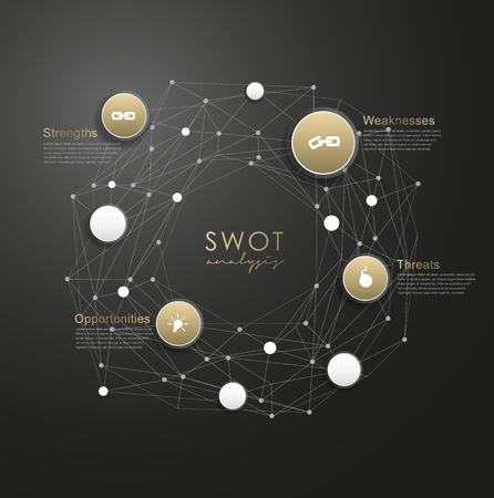 SWOT - (Strengths Weaknesses Opportunities Threats) business strategy mind map concept for presentations. Template with blue circles and dots - dark version.のイラスト素材