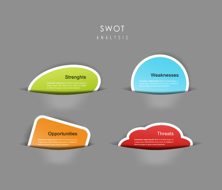 SWOT - (Strengths Weaknesses Opportunities Threats) business strategy mind map concept for presentations. Template with colorful bubbles.のイラスト素材