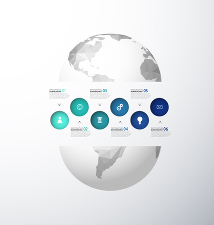 Infographic template with six colorful circles and icons line up around polygonal map - light version.のイラスト素材