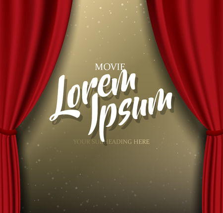 Teather stage with red heavy curtain with golden text and stars.のイラスト素材