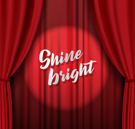 Teather stage with red heavy curtain with golden text and stars.のイラスト素材