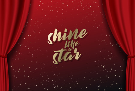 Teather stage with red heavy curtain with golden text and stars.のイラスト素材