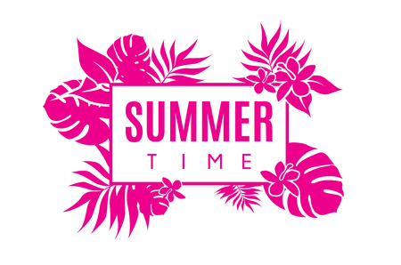 Summer time colorful banner with tropical flowers and leafs.のイラスト素材