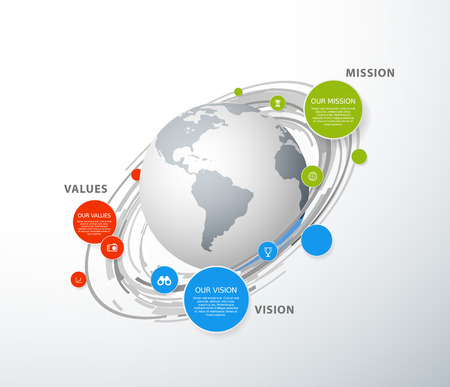Vector template with colorful circles and Mission, Vision and Values diagram with globe.のイラスト素材