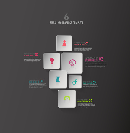 Six paper cards vector progress steps illustration with icons and place for your company information. It can be used for presentation, web design, quotes, survey, banner, study. Dark versionのイラスト素材