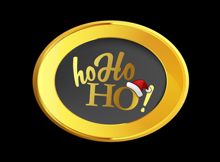 Vector golden background picture frame with Ho ho ho Santa shout laud and his red hat.のイラスト素材