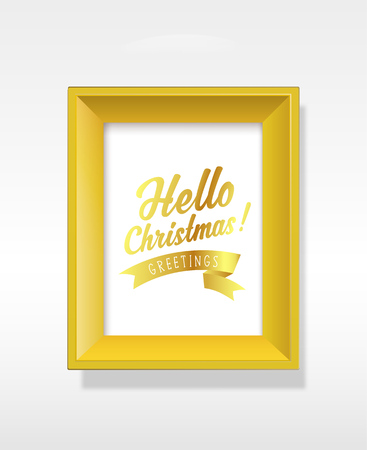 Vector golden background picture frame with Hello Christmas slogan and ribbon.のイラスト素材