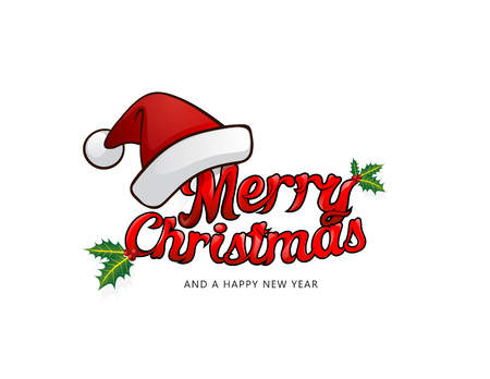 Merry christmas greeting card with Santa's hat and fancy, plastic, cartoon Merry Christmas text.のイラスト素材