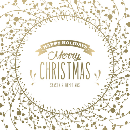Golden luxury Christmas background with snowflakes and simple text Happy Holidays - Merry Christmas - season's greetings on white background.のイラスト素材