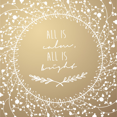 Golden luxury Christmas background with winter flower pattern and simple greeting holiday text - All si Calm All is Bright - season's greetings on white background.のイラスト素材