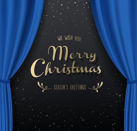 Merry Christmas vector background with many snowflakes and blue curtain background.のイラスト素材