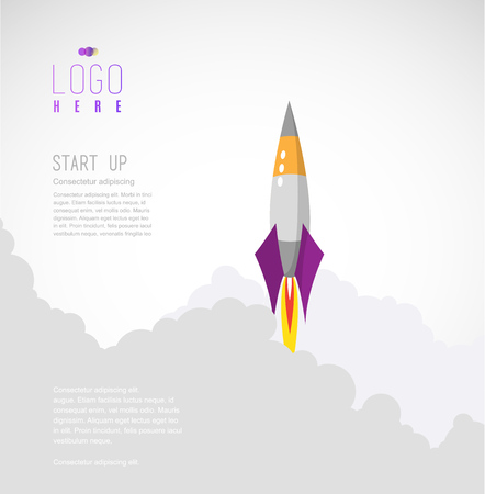 Rocket flies up to sky leaves behind clouds of smoke. Simple vector startup website template.のイラスト素材