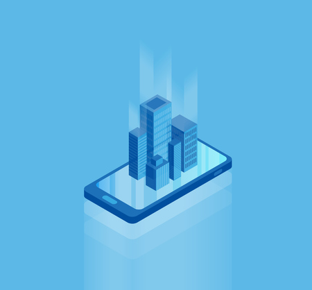 Isometric smartphone vector illustration template with skyscraper buildings coming out of the screen.のイラスト素材