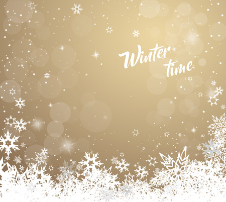 Christmas golden vector background illustration with snowflakes and Winter time text.のイラスト素材