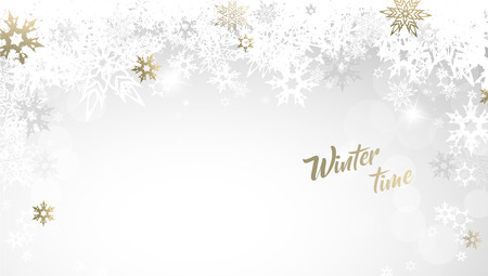 Christmas golden vector background illustration with snowflakes and Winter time text.のイラスト素材