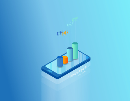Isometric smartphone vector illustration background template with colorful charts coming out of the screen.のイラスト素材