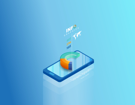 Isometric smartphone vector illustration background template with colorful charts coming out of the screen.のイラスト素材