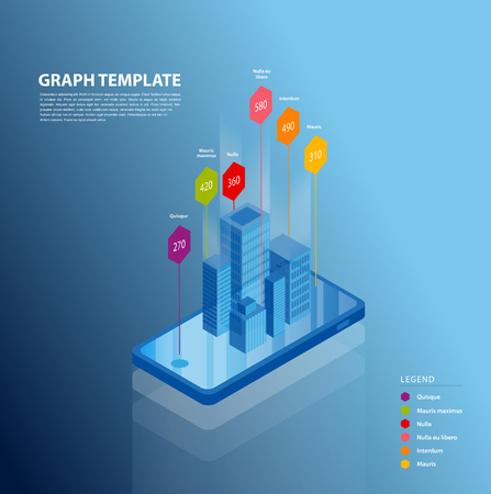 Isometric smartphone vector illustration background template with colorful charts coming out of the screen.のイラスト素材