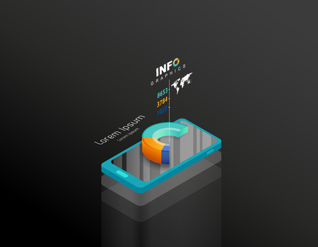 Isometric smartphone vector illustration background template with colorful charts coming out of the screen.のイラスト素材