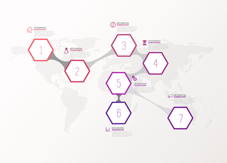 Seven colorful hexagons vector progress steps illustration with icons and place for your company information. It can be used for presentation, web design, quotes, survey, banner, study.のイラスト素材