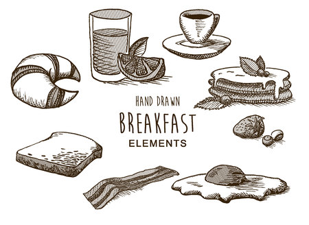 Set of vector illustraion hand draw breakfast elements created with line technique.のイラスト素材