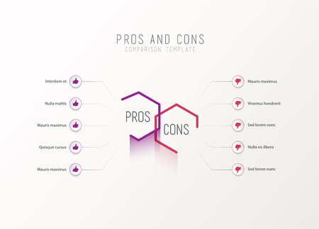 Pros and Cons comparison vector template light vector template with pink and purple hexagons and circles and place for your comparison text.のイラスト素材