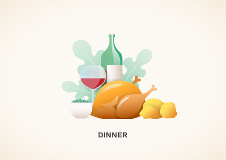 Dinner food served with chickenのイラスト素材