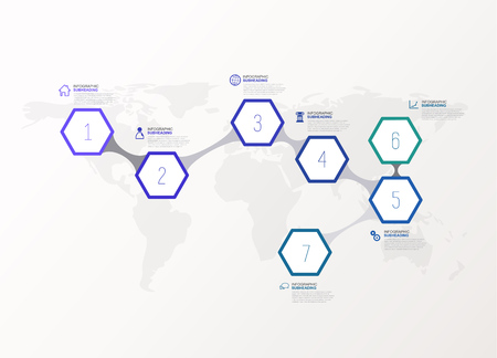 Seven colorful hexagons vector progress steps illustration with icons and place for your company information. It can be used for presentation, web design, quotes, survey, banner, study.のイラスト素材