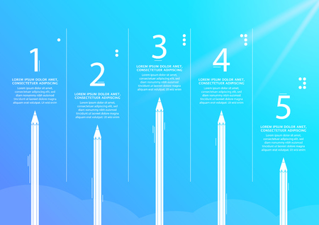 Five pencils pointing vector progress steps illustration with place for your company information. It can be used for presentation, web design, quotes, survey, banner, study.のイラスト素材
