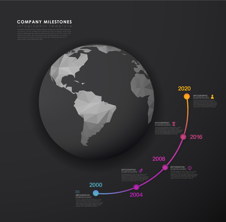 Infographic startup milestones timeline vector template with polygonal world map - dark version.のイラスト素材