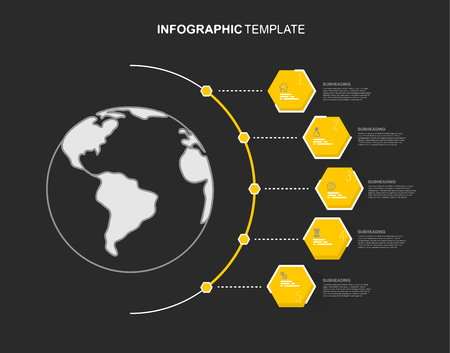 Infographic template with five hexagons and icons line up beside line map.のイラスト素材