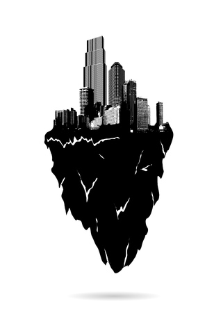 Floating isolated island with black and white skyscrapers.のイラスト素材