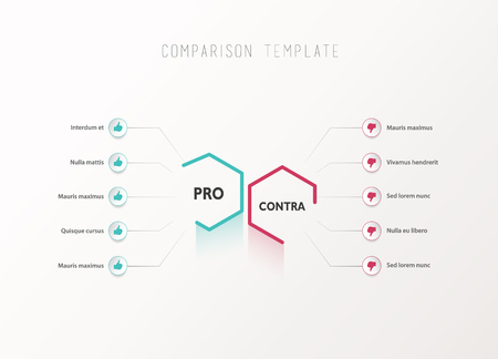 Pros and Contras comparison vector template light vector template with blue and purple hexagons and circles and place for your comparison text.のイラスト素材