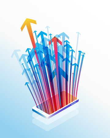 Isometric smartphone vector illustration background template with colorful arrows pointing out of the screen.のイラスト素材