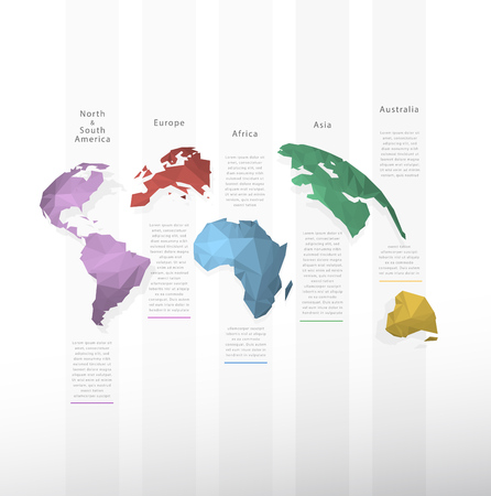 Infographic vector background of 5 polygonal conticnents with vertical stripes for your own comments.のイラスト素材